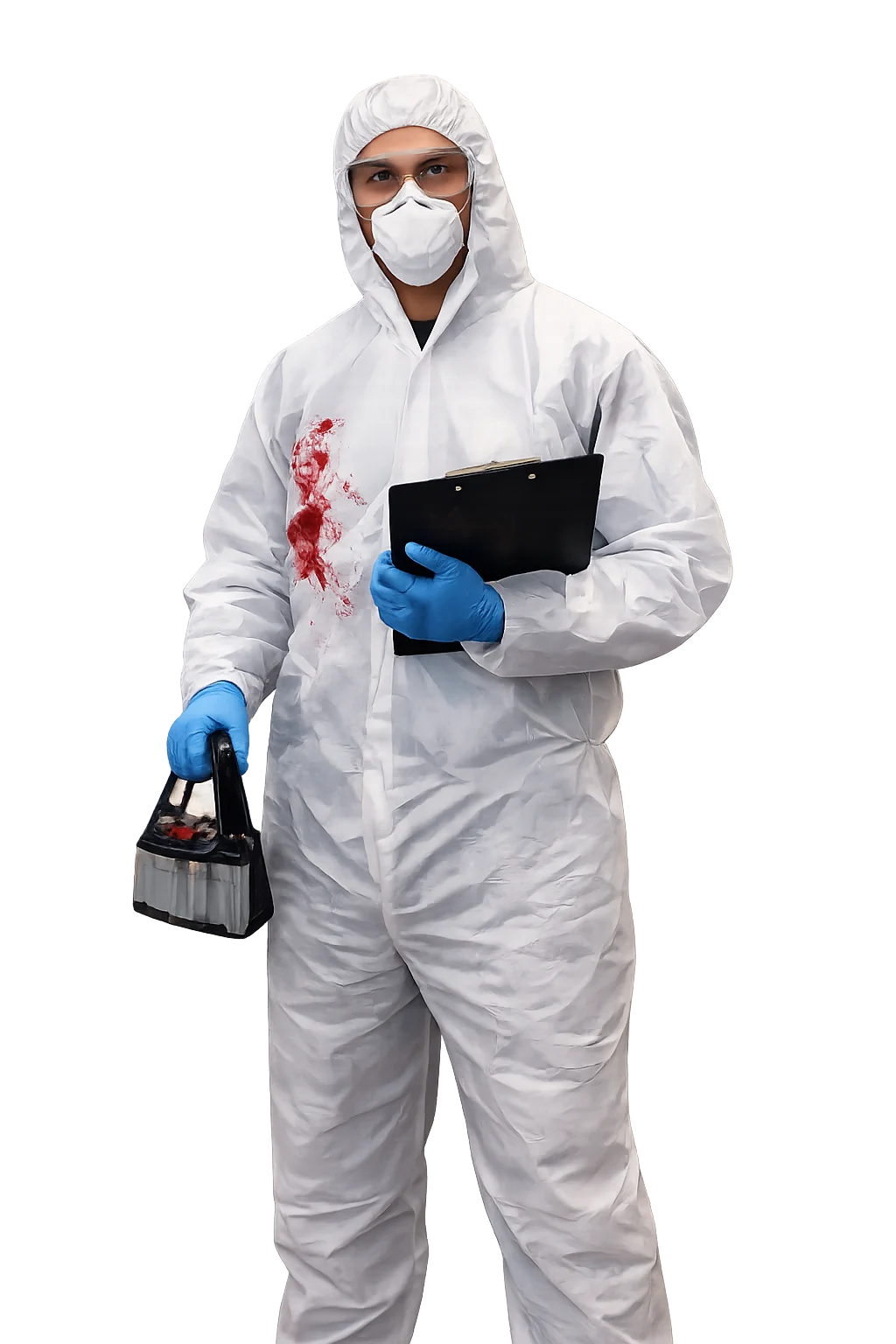 Einsatzkraft in Schutzanzug für professionelle Tatortreinigung