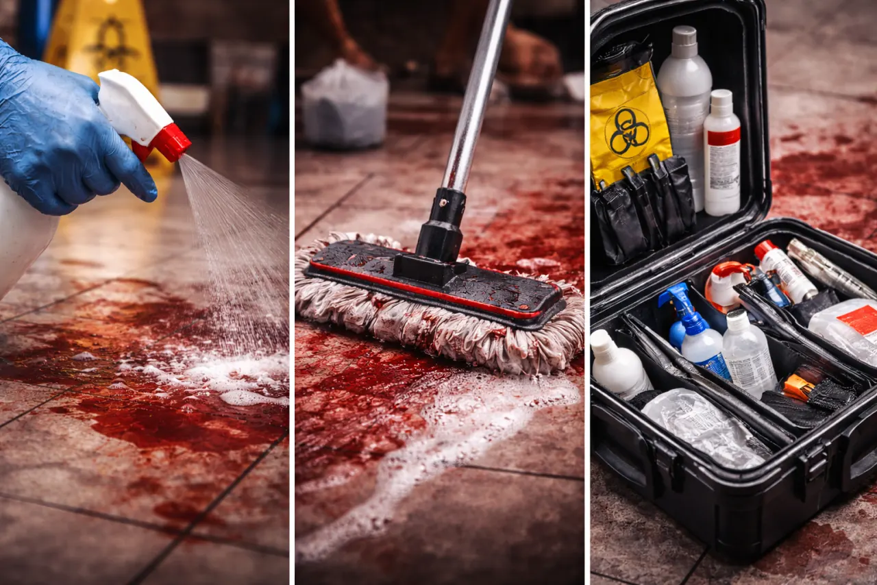 Desinfektion, Bodenreinigung und professioneller Einsatzkoffer für Tatortreinigung